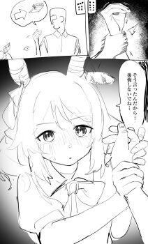 1boy 1girl animal_ears blush comic ear_wiggle grabbing_another's_arm grabbing_another's_hand hand_grab hand_on_another's_arm hand_on_another's_wrist hishi_miracle_(umamusume) holding_another's_wrist horse_ears horse_girl monochrome sketch speech_bubble trainer_(umamusume) umamusume uta_(xuyansong1996)
