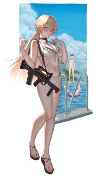 3girls absurdres assault_rifle bare_arms bare_legs bare_shoulders bikini black_sandals blue_sky breasts bullpup cameltoe character_request choker cleavage cloud day feet frilled_bikini frills front-tie_bikini_top front-tie_top girls&#039;_frontline girls&#039;_frontline_2:_exilium gun hair_between_eyes hands_up highres legs multiple_girls navel nose ots-14_(girls&#039;_frontline) ots-14_groza parted_lips pool_ladder poolside puto_trash red_choker rifle sandals sky smile solo_focus stomach suppressor swimsuit toenails toes water weapon weapon_strap white_bikini white_sandals