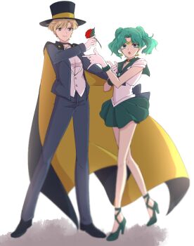 Rule 34 | 2girls, alternate hairstyle, bishoujo senshi sailor moon, blonde hair, blue eyes, blurry, cape, choker, circlet, cosplay, crossdressing, crossdressing (ftm), earrings, flower, gloves, green eyes, green hair, green skirt, hat, high heels, hiki-wota, holding, holding flower, jewelry, kaiou michiru, miniskirt, multiple girls, open mouth, reverse trap, rose, sailor collar, sailor neptune, short hair, skirt, ten'ou haruka, top hat, tsuki ni kawatte oshioki yo, tuxedo kamen, tuxedo kamen (cosplay), twintails, vest, white gloves