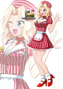 Rule 34 | 1girl, apron, burger, cup, drinking straw, employee uniform, fast food, fast food uniform, food, girls und panzer, high heels, highres, holding, holding tray, kay (girls und panzer), ketchup, lettuce, long hair, omachi (slabco), one eye closed, soda, tray, waist apron, waitress