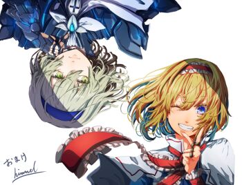 2girls absurdres alice_margatroid alternate_color blonde_hair blue_eyes capelet dress eyelashes frilled_hairband frilled_neckerchief frills green_eyes hairband highres jewelry looking_at_viewer multiple_girls neckerchief nuru_himmel one_eye_closed popped_collar puppet_rings puppet_strings red_hairband red_neckerchief ring short_hair simple_background smile solo teeth touhou upper_body upside-down white_background white_capelet