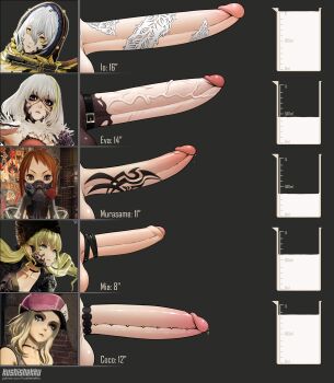 5futa artist_name chart coco_(code_vein) code_vein comparison cum erection eva_roux futanari highres huge_penis io_(code_vein) kushishekku large_penis long_image measurements medium_penis mia_karnstein multiple_futa penis penis_chart penis_comparison penis_ornament penis_piercing penis_size_comparison penis_size_difference penis_tattoo piercing rin_murasame tattoo testicles uncensored veins veiny_penis