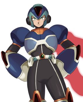 1boy android animemaster armor blue_armor blue_helmet clenched_hands commentary cowboy_shot energy_cape english_commentary forehead_jewel gloves green_eyes half-closed_eyes hands_on_own_hips helmet highres iridescent_clothes jewelry looking_at_viewer mega_man_(series) mega_man_x:_command_mission mega_man_x_(series) new_armor_x_(mega_man) red_scarf robot robot_ears scarf solo upper_body white_gloves x_(mega_man)