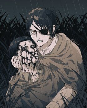 1boy 1other arm_around_neck ascot black_hair blood blood_on_face brown_eyes brown_hair brown_jacket clenched_teeth cloak closed_eyes collared_shirt eyepatch furrowed_brow glasses grass hange_zoe highres injury jacket levi_(shingeki_no_kyojin) looking_at_viewer medium_hair parted_lips ponytail rain scar scar_across_eye scar_on_face sepia shingeki_no_kyojin shirt short_hair teeth twitter_username upper_body wet white_ascot white_shirt yonchi