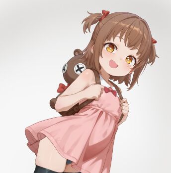 1girl :d backpack bag bare_shoulders black_panties black_thighhighs blush bow brown_eyes brown_hair cowboy_shot dallei dress fang hair_bow loli looking_at_viewer open_mouth panties pantyshot pink_dress red_bow short_dress short_hair simple_background sleeveless sleeveless_dress smile solo stuffed_animal stuffed_toy teddy_bear thighhighs two_side_up underwear white_background zenless_zone_zero