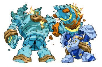 Rule 34 | 2others, absurdres, arm up, arms up, explosion, facing viewer, full body, gen 5 pokemon, glowing, golem, golett, golurk, highres, multiple others, nintendo, no humans, pokemon, pokemon (creature), pokemon focus, railroadlion, white background