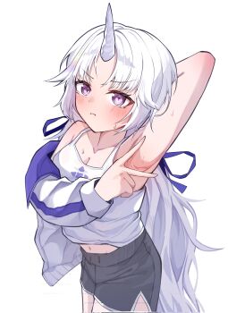 absurdres arm_out_of_sleeve arm_up armpits ayatsuno_yuni ayunigajoa325 blush breasts cleavage closed_mouth commentary_request corrupted_twitter_file cowboy_shot forehead frown grey_hair grey_shorts highres horns jacket korean_commentary long_hair long_sleeves looking_at_viewer midriff_peek navel presenting_armpit purple_eyes short_shorts shorts simple_background single_horn standing star_(symbol) stellive sweat tank_top unicorn_horn v-shaped_eyebrows very_long_hair virtual_youtuber white_background white_jacket white_tank_top