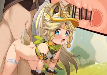 1boy 1girl absurdres aether_(genshin_impact) animal_ears bar_censor bare_shoulders bent_over blue_eyes blush bottomless braid braided_sidelock brown_hair censored cross-section genshin_impact hetero high_ponytail highres kachina_(genshin_impact) loli long_hair luxuriou_s motion_lines navel open_mouth outdoors paid_reward_available penis ponytail pussy_juice sex sex_from_behind speed_lines standing standing_sex sweat tail uterus vaginal visor_cap