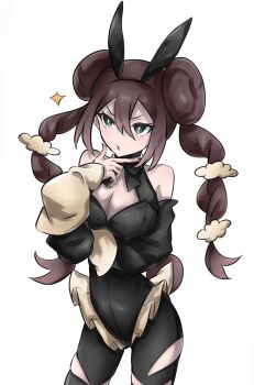 1girl animal_ears bare_shoulders black_bodystocking black_leotard blue_eyes breasts brown_hair cleavage cosplay detached_sleeves donut_hair_bun double_bun drill_hair fake_animal_ears gen_4_pokemon hair_bun hand_on_own_chin highres leotard long_hair long_sleeves lopunny mega_lopunny mega_lopunny_(cosplay) mega_pokemon nintendo open_mouth pokemon pokemon_bw2 rabbit_ears rosa_(pokemon) sino_(pcxg4558) solo torn_clothes twin_drills twintails