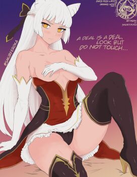 1girl black_boots black_panties blush boots breasts chaos_puss_in_boots_(grimms_notes) closed_eyes english_text grimms_notes panties sitting skirt smurferoka solo underwear white_skirt yellow_eyes