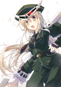 1girl backlighting belt black_gloves blonde_hair brown_eyes female_focus fingerless_gloves gloves hat jacket juliet_sleeves light_trail long_hair long_sleeves machinery mecha_musume military military_hat military_uniform necktie open_mouth original pants puffy_sleeves seven_deadly_sins shirt solo t-ray very_long_hair