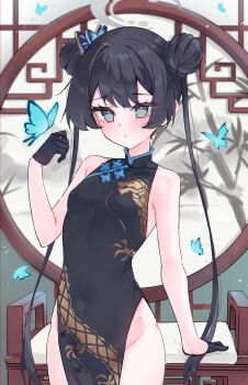 1girl absurdres black_dress black_gloves black_hair blue_archive blue_butterfly breasts bug butterfly butterfly_hair_ornament china_dress chinese_clothes commentary cowboy_shot double_bun dragon_print dress english_commentary gloves grey_eyes grey_halo hair_bun hair_ornament halo highres insect kisaki_(blue_archive) long_hair looking_at_viewer magui3 pelvic_curtain sleeveless sleeveless_dress small_breasts solo twintails