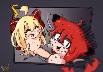 2boys @_@ absurdres ahoge animal_ears beau_retrievia blonde_hair blue_eyes blush_stickers bow confused diamond_(gemstone) diamond_ring dog_ears dog_tail fox_ears fox_tail gurimoe_(riiya_(riiya932)) highres jewelry large_penis multiple_boys note_symbol original ornate_ring penis red_hair riiya_(riiya932) ring shota sweat tail trap trap_on_trap yaoi