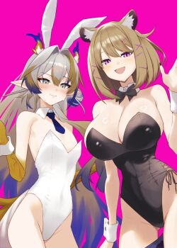 2girls absurdres animal_ears arknights bare_shoulders black_bow black_bowtie black_leotard blue_necktie blush bow bowtie breasts brown_hair closed_mouth commentary_request detached_collar dr.lamina elf fang flat_chest grey_hair hair_intakes hair_ornament highleg highleg_leotard highres large_breasts leotard long_hair looking_at_viewer multiple_girls necktie open_mouth pink_background playboy_bunny pointy_ears purple_eyes short_hair short_necktie shu_(arknights) side-tie_leotard simple_background skin_fang slit_pupils smile strapless strapless_leotard thighs utage_(arknights) white_leotard x_hair_ornament yellow_hands
