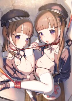 2girls beret bikini bikini_under_clothes black_bikini black_ribbon black_shoes blush bound_leg breasts brown_hair cameltoe collar expressionless hair_ornament hair_ribbon hat heart heart-shaped_pupils henreader highres holding_hands indoors leash leg_up loafers loli long_hair long_sleeves looking_at_viewer micro_bikini multiple_girls navel neck_ribbon nipples no_pants open_clothes open_mouth open_shirt original purple_eyes red_collar ribbon sailor_collar shoes small_breasts sweat swimsuit symbol-shaped_pupils thighhighs twintails white_thighhighs x_hair_ornament
