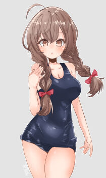 1girl braid breasts brown_eyes brown_hair cleavage covered_navel grey_background highres kantai_collection long_hair looking_at_viewer mf_u_c one-piece_swimsuit school_swimsuit shinshuu_maru_(kancolle) solo swimsuit twin_braids