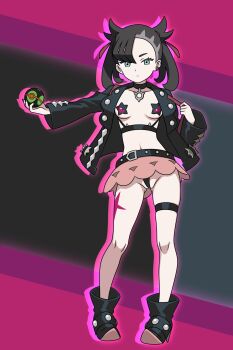 1girl absurdres adapted_costume belt black_background black_belt black_boots black_choker black_hair black_jacket boots breasts choker dusk_ball female_focus full_body green_eyes grey_hair hair_horns high_heel_boots high_heels highres holding holding_poke_ball hoshi_wo_miru jacket looking_at_viewer marnie_(pokemon) medium_hair microskirt multicolored_hair navel nintendo no_shirt open_clothes open_jacket pasties petite pink_skirt poke_ball pokemon pokemon_swsh punk purple_background revealing_clothes simple_background skirt small_breasts solo standing star_(symbol) star_pasties team_yell thigh_strap twintails two-tone_hair