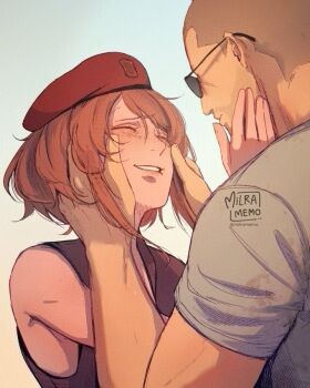 1boy 1girl ^_^ beret brown_hair brown_shirt buzz_cut closed_eyes collarbone commentary courier_(fallout:_new_vegas) craig_boone english_commentary facing_another fallout fallout:_new_vegas grey_shirt hair_between_eyes hands_on_another&#039;s_face hat milramemo noelle_rutherford red_hat shirt short_hair short_sleeves signature sleeveless sleeveless_shirt smile sunglasses twitter_username upper_body very_short_hair