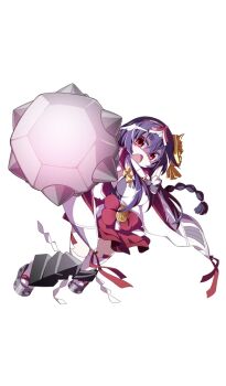 &gt;:o 1girl :o akaneya black_hair braid breasts club club_(weapon) detached_sleeves female_focus full_body hand_on_own_hip holding holding_weapon kanabou kozukata_(oshiro_project) looking_at_viewer miniskirt official_art open_mouth oshiro_project:re pleated_skirt red_eyes sandals skirt solo thick_eyebrows thighhighs transparent_background v-shaped_eyebrows weapon
