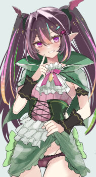 1girl atoshi blush clothes_lift dress frills hair_ornament highres lace lace_panties monster_strike nightmare_(monster_strike) panties pointy_ears purple_eyes ribbon simple_background skirt solo thighhighs twintails underwear