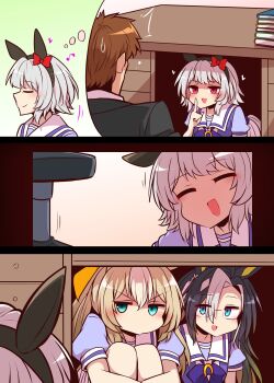 animal_ears book bow brown_hair curren_chan_(umamusume) desk dream_journey_(umamusume) durandal_(umamusume) ear_bow ear_covers ear_ornament ear_ribbon highres horse_ears horse_girl horseshoe_ornament multicolored_hair purple_shirt sailor_collar sailor_shirt school_uniform shirt tracen_school_uniform trainer_(umamusume) umamusume under_table yonedatomo_mizu