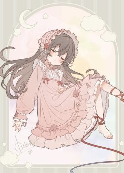 1girl barefoot blush bonnet closed_eyes crescent crossed_bangs dot_nose double-parted_bangs dress floating_hair flower foot_out_of_frame frilled_dress frills hair_between_eyes hair_flower hair_ornament hat highres kaisake_(utp) knees_up layered_dress long_dress long_hair long_sleeves original parted_lips pink_dress pink_hat red_flower red_ribbon ribbon signature sitting sleeping sleeping_upright solo star_(symbol)