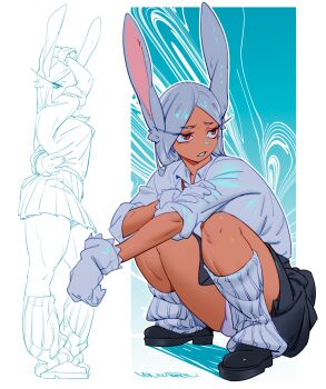 1girl absurdres animal_ears arm_behind_back arm_up artist_name boku_no_hero_academia breasts collared_shirt commentary dark-skinned_female dark_skin english_commentary gloves grey_skirt hand_on_own_arm highres large_breasts long_eyelashes long_hair looking_to_the_side loose_socks maniwarren mirko multiple_views panties parted_bangs parted_lips rabbit_ears rabbit_girl red_eyes school_uniform shirt sketch skirt sleeves_rolled_up socks squatting thick_thighs thighs underwear very_long_hair white_gloves white_hair white_panties white_shirt white_socks