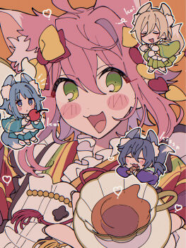 4boys :3 blush_stickers chibi chibi_inset chromatic_aberration cup dot_nose ensemble_stars! film_grain green_eyes happy highres himemiya_tori himemiya_tori_(koikoi_love_cafe) holding holding_plate kemonomimi_mode liquid male_focus multiple_boys niyororinpayamaru open_mouth orange_background outline pink_hair plate portrait shiina_niki shiina_niki_(koikoi_love_cafe) shino_hajime teacup tenshouin_eichi tongue white_outline