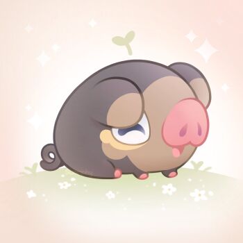 Rule 34 | animal focus, closed eyes, commentary, english commentary, flower, grass, highres, lechonk, nintendo, no humans, open mouth, pig, pokemon, pokemon (creature), pokemon focus, sitting, star (symbol), swamphy