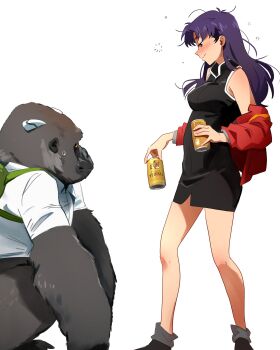 1girl absurdres backpack bag beer_can black_dress black_shoes blush breasts can commentary dress drink_can drunk english_commentary gorilla highres holding holding_can imminent_bestiality jacket katsuragi_misato khyle. long_hair medium_breasts messy_hair neon_genesis_evangelion nose_blush off_shoulder purple_hair red_jacket shirt shoes simple_background sleeveless sleeveless_dress smirk standing sweatdrop white_background white_shirt