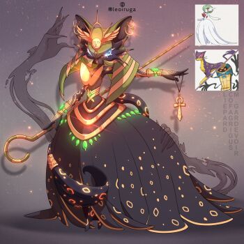 alternate_color animal_ears ankh black_dress black_skin blue_eyes character_name cofagrigus colored_skin commission dress earrings fusion gardevoir gen_3_pokemon gen_5_pokemon ghost_hands gold_earrings highres holding holding_staff jewelry leoiruga liepard mega_gardevoir mega_pokemon nintendo official_art_inset pokemon pokemon_(creature) shiny_pokemon staff tail