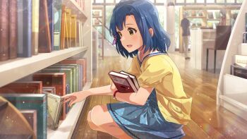 1girl blue_hair blue_skirt blurry blurry_background book bookshelf commentary_request day game_cg green_eyes holding holding_book idolmaster idolmaster_million_live! idolmaster_million_live!_theater_days indoors library light_particles nanao_yuriko official_art open_mouth shirt short_hair short_sleeves skirt solo_focus squatting third-party_source yellow_shirt