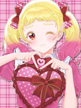 1girl alternate_costume alternate_hairstyle blonde_hair blurry blurry_background blush bow dress hair_bow hatopon heanna_sumire heart heart_hands highres long_hair long_sleeves love_live! love_live!_superstar!! one_eye_closed pink_dress red_eyes smile solo twintails upper_body