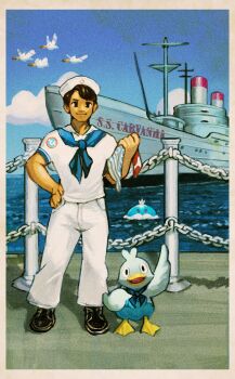 Rule 34 | 1boy, absurdres, bird, blue feathers, blue neckerchief, blue sky, brown hair, clothed pokemon, cloud, crown, dock, duck, ducklett, feathers, flock, flying, gen 3 pokemon, gen 5 pokemon, hand on own hip, hat, highres, jellicent, jellicent (male), looking at viewer, male focus, meltted, mini crown, neckerchief, nintendo, open mouth, pants, photo (object), pokemon, pole, sailor, sailor (pokemon), sailor hat, ship, shirt, sky, smile, water, watercraft, waving, white pants, white shirt, wingull