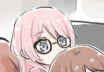 2girls bang_dream! bang_dream!_it&#039;s_mygo!!!!! biting brown_hair chihaya_anon commentary glasses grey_eyes head_biting highres long_hair lyy multiple_girls nagasaki_soyo pink_hair symbol-only_commentary yuri