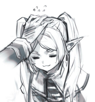 1boy 1girl :3 capelet closed_eyes flying_sweatdrops frieren greyscale highres himmel_(sousou_no_frieren) jewelry long_hair long_sleeves monochrome parted_bangs phantom_ix_row pointy_ears shirt sousou_no_frieren striped_clothes striped_shirt twintails upper_body