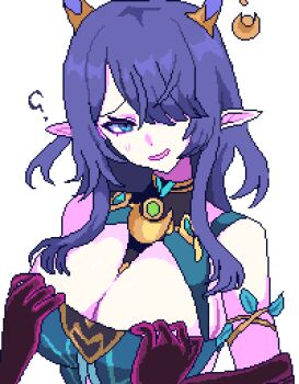 1girl ? bare_shoulders blue_dress blue_eyes blue_hair breasts cleavage commentary dress english_commentary genshin_impact hair_over_one_eye hands_on_another&#039;s_chest highres large_breasts lauma_(genshin_impact) long_hair looking_at_viewer one_eye_covered open_mouth parted_bangs pixel_art pixelcadete pointy_ears restrained simple_background small_sweatdrop smile solo upper_body white_background