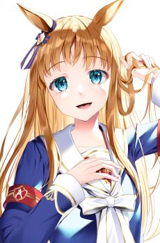 1girl animal_ears armband blue_eyes blue_jacket bow brown_hair collarbone commentary_request ear_bow ear_ornament ear_ribbon grass_wonder_(stone-piercing_blue)_(umamusume) grass_wonder_(umamusume) highres horse_ears horse_girl jacket long_hair long_sleeves looking_at_viewer metaninjin multicolored_hair open_mouth red_armband sailor_collar simple_background smile solo tongue umamusume upper_body white_background white_sailor_collar