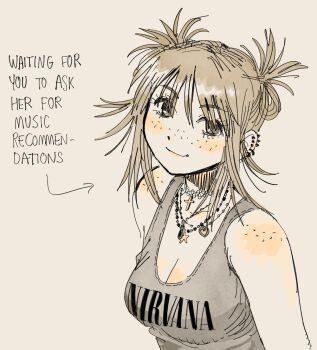 1girl band_shirt blush body_freckles ear_piercing freckles grey_tank_top heidi_(heytherenrds) highres medium_hair merchandise multiple_necklaces nirvana_(band) original piercing short_twintails shoulder_freckles smile solo tank_top twintails two_side_up upper_body