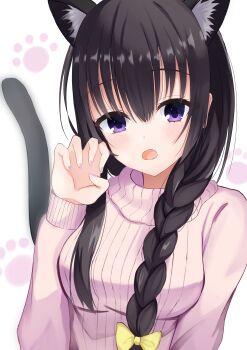 1girl :o absurdres animal_ear_fluff animal_ears black_hair blush bow braid breasts casual cat_ears cat_tail claw_pose commentary eyelashes fake_animal_ears fake_tail hair_between_eyes hair_bow hand_up highres kiki0319i large_breasts long_hair long_sleeves looking_at_viewer nail_polish nijouin_hazuki official_alternate_costume official_alternate_hairstyle open_mouth paw_print pink_sweater purple_eyes purple_nails ribbed_sweater riddle_joker sidelocks simple_background single_braid solo sweater tail tail_raised turtleneck turtleneck_sweater upper_body very_long_hair white_background yellow_bow