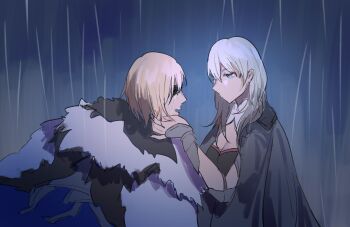 Rule 34 | 1boy, 1girl, blonde hair, blue eyes, breasts, chocolate (jitong), cleavage, cloak, commentary request, dimitri alexandre blaiddyd, dimitri alexandre blaiddyd (timeskip), eye mask, female byleth (awakened) (fire emblem), female byleth (fire emblem), fire emblem, fire emblem: three houses, green hair, highres, mask, medium breasts, nintendo, official alternate eye color, official alternate hair color, outdoors, profile, rain, tearing up