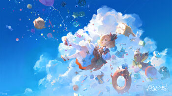 1girl balloon blonde_hair chinese_commentary commentary_request copyright_logo copyright_notice cynthia_ii_(silver_palace) dress drill_hair drill_sidelocks floating floating_object from_side full_body green_eyes highres logo medium_dress medium_hair official_art open_mouth profile sidelocks silver_palace smile socks solo white_socks