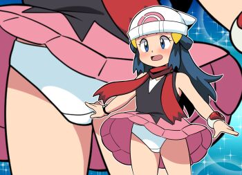 1girl beanie black_shirt blue_background blue_eyes blue_hair blush bracelet bubble_background dawn_(pokemon) embarrassed hair_ornament hairclip hat highres jewelry loli long_hair multiple_views nintendo open_mouth panties pink_skirt pokemon pokemon_(anime) pokemon_dppt_(anime) poketch red_scarf scarf shirt skirt sparkle sparkle_background standing surprised tank_top underwear watch white_hat white_panties wind wind_lift wristwatch yume_yoroi