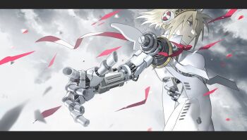 1girl absurdres aigis_(persona) androgynous blonde_hair blue_eyes breasts cloud eyelashes from_side hair_between_eyes highres joints letterboxed mechabare medium_breasts oxnxgolfqt76300 parted_lips persona persona_3 profile red_ribbon ribbon robot_joints sky solo spiked_hair wire