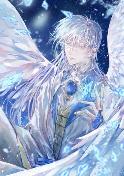 1boy absurdres angel_wings blue_background blue_eyes blue_gemstone cardcaptor_sakura chashuimeifiom chest_jewel chinese_clothes chinese_commentary closed_mouth colored_eyelashes earrings expressionless feathered_wings gem hand_up highres jewelry long_hair long_sleeves looking_at_viewer looking_down male_focus robe shards sleeves_past_wrists solo stud_earrings tangzhuang upper_body white_eyelashes white_hair white_robe white_wings wings yue_(cardcaptor_sakura)