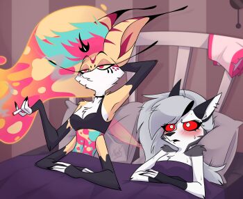 2girls aftersex akuma_nemui animal_ears arm_behind_head arm_up armpits arthropod_girl bee_girl beelzebub_(helluva_boss) blush breasts cigarette colored_sclera confused demon_girl extra_arms floating_hair fox_ears furry furry_female grey_hair hellaverse helluva_boss highres holding holding_cigarette insect_girl long_eyelashes loona_(helluva_boss) medium_breasts multiple_girls parted_lips red_sclera smoke smoking wings yellow_sclera yuri