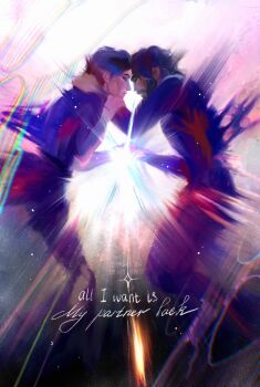 2boys absurdres arcane:_league_of_legends arcane_jayce beard black_hair black_pants black_shirt brown_hair closed_eyes closed_mouth english_text facial_hair highres hikary_bw jayce_(league_of_legends) league_of_legends male_focus multiple_boys pants shirt short_hair twitter_username viktor_(arcane) viktor_(league_of_legends)