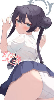 1girl absurdres against_wall artist_logo ass black_hair black_necktie blue_archive blue_skirt blush braid braided_base braided_bun bun_with_braided_base closed_mouth commentary_request cowboy_shot crotch_seam diagonal-striped_clothes diagonal-striped_necktie double-parted_bangs double_bun from_behind from_below grey_eyes grey_halo hair_bun halo hands_up highres kisaki_(blue_archive) logo loli long_hair looking_at_viewer looking_back looking_down miniskirt necktie panties pleated_skirt sabakan_kandume school_uniform shirt short_sleeves simple_background skirt solo standing straight_hair striped_clothes striped_necktie sweat sweatdrop twintails underwear very_long_hair white_background white_panties white_shirt