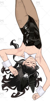 1girl absurdres animal_ears arms_up black_leotard black_pantyhose closed_eyes detached_collar glasses hair_spread_out highres kantai_collection leotard long_hair lying ojipon ooyodo_(kancolle) pantyhose playboy_bunny rabbit_ears rabbit_tail see-through_strap simple_background solo strapless strapless_leotard tail upside-down watermark watermark_grid white_background wrist_cuffs