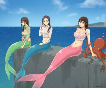 3girls black_hair blue_tail brown_hair collared_shirt commission green_shirt green_tail heart highres long_hair long_sleeves mermaid monster_girl multiple_girls navel ocean octopus office_lady original outdoors pink_tail pixiv_commission see-through_clothes see-through_shirt setu_kurokawa shirt short_sleeves sitting sleeves_rolled_up stomach textless_version wet wet_clothes wet_shirt white_shirt